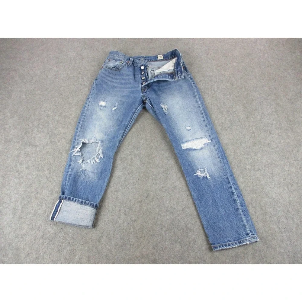 Levis 501 Jeans Womens 28x26* Blue S Selvedge White Oak Cone Denim Distressed